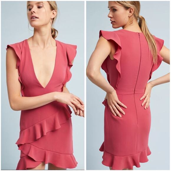 BHLDN Anthropologie Monique Lhuillier Asymmetrical Ruffle Mini Dress V Neck Pink - Picture 1 of 15